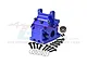 A blue anodized aluminium gearbox case set by GPM Racing with included screws, washers, and a ball bearing on a white background.