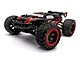 BlackZon Slyder ST 1/16 scale RC stadium truck in black and red, featuring off-road tires and a rear spoiler, isolated on a white background.