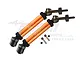 Two orange aluminium and steel CVD driveshafts with steel hex nuts and small pins on a white background.