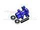 A blue anodized aluminium front wheel hub for an RC vehicle, accompanied by two ball bearings and a black metal spacer, set against a white background.