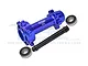 GPM Racing blue anodized aluminium rear wheel hub with axle and two ball bearings on a white background.