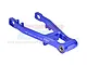 A blue anodized aluminium rear swing arm for an RC motorcycle by GPM Racing, featuring a ball bearing and laser-etched branding.