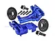GPM Racing blue aluminium front and rear upper bulkheads with 10T/32T differential gear sets and mounting screws on a white background.