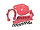 GPM Racing red anodised aluminium motor mount set for RC cars, including mounting plate, bracket, and various black screws.