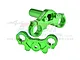 Two green anodized aluminium triple clamp parts for an RC motorcycle, featuring GPM branding and mounting holes.