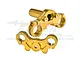 A set of two gold-anodized aluminium triple clamp parts for an RC motorcycle, featuring GPM Racing branding.