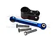 GPM Racing black aluminium 25T servo horn with a blue tie rod and three metal screws on a white background.