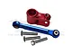 GPM Racing red aluminium 25T servo horn, blue tie rod, and three metal screws on a white background.