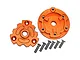 GPM Racing orange anodised aluminium cush drive housing components with six mounting screws on a white background.