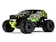 ARRMA Gorgon 4X2 Mega 550 RC monster truck in yellow and black with snake-themed graphics on a white background.