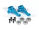 Two sky blue GPM Racing aluminium steering hubs with four black screws and four metal ball bearings on a white background.