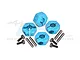Four sky blue aluminium 12mm clamp wheel hexes with matching screws and pins on a white background.