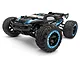BlackZon Slyder ST 1/16 scale RC stadium truck in black and blue, featuring off-road tires and a rear spoiler on a white background.
