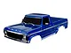 A blue pre-painted 1/10 scale 1979 Ford F-150 RC truck body shell with black windows and chrome trim details.