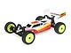 A Losi Mini-B 1/16 scale 2WD RC buggy in red, white, and yellow livery with bright yellow wheels, viewed from a high-angle front three-quarter perspective.