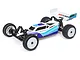 Losi Mini-B 1/16 scale 2WD RC buggy in blue and white livery, shown from a high-angle studio shot.