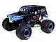Losi Mini LMT Son Uva Digger RC monster truck with blue flame graphics and BKT tires on a white background.