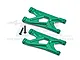 Two green anodized aluminium rear suspension arms for RC cars by GPM Racing, shown with two black mounting screws on a white background.