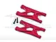 Two red anodized aluminium rear suspension arms for RC cars with two black screws, displayed against a white background with a faint GPM logo.