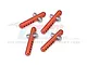 Four orange anodized aluminium RC body posts with silver metal cross-pins arranged on a white background with a faint GPM Racing logo.