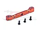 GPM Racing orange anodized 7075 aluminium front upper suspension mount with three included black screws on a white background.
