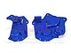 A pair of blue anodized aluminium chassis side covers for an RC motorcycle, featuring GPM branding and mounting holes.
