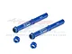 A pair of blue anodized aluminium fork tubes for an RC motorcycle by GPM Racing, featuring 7075 branding and two matching blue collars.