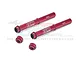 Two red anodized aluminium RC motorcycle fork tubes with matching end caps, featuring GPM Racing branding and 7075 markings.
