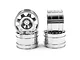 A set of four silver aluminium 8-spoke RC car rims arranged in a stack against a white background.