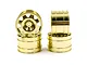 Four gold-coloured 8-spoke aluminium RC rims stacked and arranged on a white background.