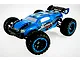 A blue BlackZon Slyder ST Turbo 1/16 scale RC stadium truck with black wheels and a rear spoiler, viewed from a high-angle front three-quarter perspective.