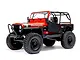 A red Axial SCX10 III Jeep CJ-7 RC rock crawler with black roll cage, black wheels, and off-road tires on a white background.