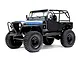 Studio shot of an Axial SCX10 III CJ-7 Jeep RC rock crawler in grey, featuring a roll cage, black wheels, and off-road tires against a white background.