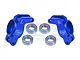 A pair of blue anodized aluminium rear hubs for RC cars, marked L and R, with four metal ball bearings, set against a white background.