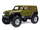 A green Axial SCX24 Jeep Wrangler JLU 1/24 scale RC rock crawler viewed from a front three-quarter angle against a white background.