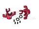 A pair of red anodized aluminium steering hubs for RC cars by GPM Racing, including two ball bearings and four grub screws.