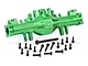 A green anodized aluminium RC front differential housing with a collection of black mounting screws on a white background.