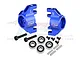 A pair of blue anodized aluminium steering hubs for RC cars by GPM Racing, including screws, bearings, and pins.