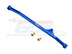A blue anodized aluminium steering tie rod for RC cars by GPM Racing, shown with two small brass bushings against a white background.