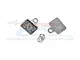 Two silver metal RC brake pads with friction material and a small coil spring against a white background with a faint GPM Racing logo watermark.