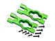 Two green anodized aluminium body mount braces from GPM Racing with included black screws, viewed from an angle against a white background.