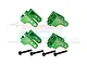 Four green anodized aluminium upper shock mounts for RC cars with four black mounting screws, arranged on a white background.