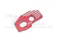A red anodized aluminium motor mounting plate for RC cars by GPM Racing, featuring machined silver accents and mounting holes.