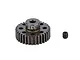 A dark grey aluminium 33T pinion gear with a small grub screw placed next to it on a white background.
