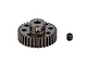 A dark grey Factory Team 34T pinion gear with a small grub screw on a white background.