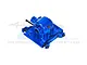 GPM Racing blue anodised aluminium centre gearbox housing for RC cars, shown from a high angle against a white background.
