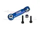 A blue anodized aluminium GPM Racing drag link with two black screws and a metal nut on a white background.