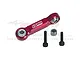 A red anodized aluminium drag link by GPM Racing with two mounting screws and a lock nut, set against a white background.