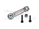 A silver GPM Racing aluminium drag link with two black screws and a small metal nut, set against a branded background.
