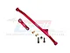 A GPM Racing red aluminium steering tie rod and drag link set for RC cars, featuring metal linkages, screws, and spacers against a branded background.